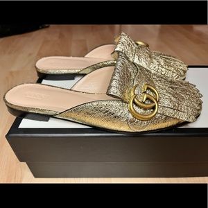 Gucci gold leather GG Marmont fringe mule sandals size 37